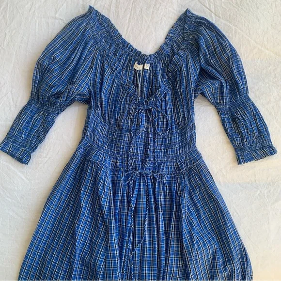 NWT Doen Ischia Cotton Voile Smocked Midi Maxi Dress Cassis Check Blue Plaid - Picture 10 of 16